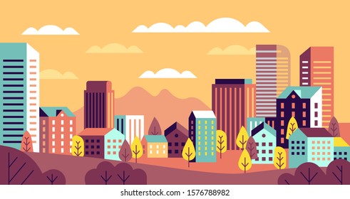 Autumn city landscape. Simple cityscape with buildings panorama. Cute houses, hills and trees with yellow leaves. Vector horizontal geometric outdoor background