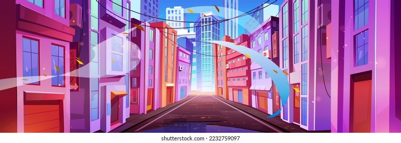 Autumn city landscape with street with houses and road in perspective view. Town buildings, skyscrapers, hanging power lines, flying orange leaves, vector cartoon illustration