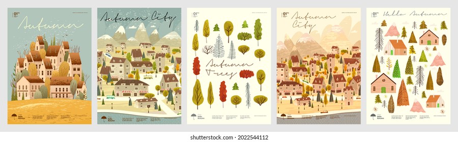 Autumn City landscape and trees. Set of vector illustrations. Patterns and simple pictures. Hello Autumn. Background for sale banner, poster, flyer, cover. 