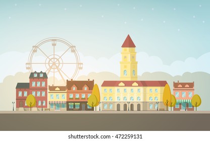 Autumn city landscape. Urban background. Vintage house. Evening sky with cloud. Vector illustration in flat design