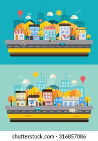 Autumn city landscapes set with buildings, shop and stores, people, transport, vector illustration. Yellow and orange trees in autumn park, Flat style background 