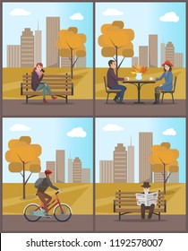 Autumn City Park Autumnal Town And People Vector. Elderly Man Reading Newspaper, Woman With Smartphone. Boy Riding Bicycle And Couple Sitting By Table