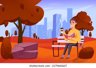 Autumn city park background in flat cartoon design. Wallpaper with cityscape of man drinks coffee and reads book sitting on bench with fall trees. Vector illustration for poster or banner template