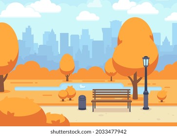 Autumn city park. Beautiful fall town road with wooden bench. Outdoor season landscape, blue cloudy sky, orange trees and lake. Urban vector panorama