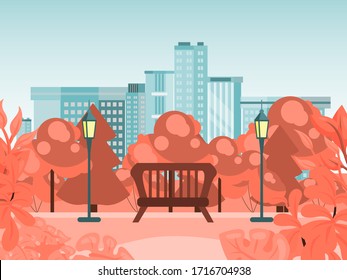 Autumn city park, bench in fall outdoor garden, flat vector illustration. Quiet national reserve. Design city background, arrival winter leaf fall, lovely peaceful place urban landscape.