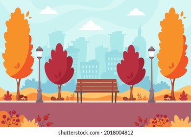 Autumn city park with bench. Autumn landscape. Vector illustration