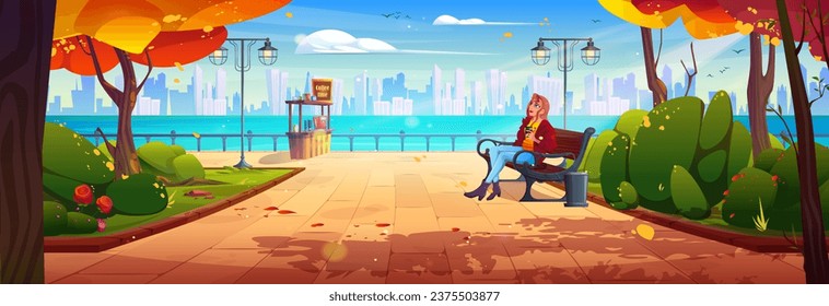 Autumn city park and bench on embankment near tree. Woman sitting in fall forest garden with coffee. Orange nature environment in downtown cityscape scene. Pretty girl rest with urban scenery