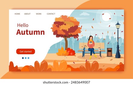 parque de la ciudad de otoño con banco. Mujer usando el teléfono sentada en el banco en el parque. Freelance o concepto de estudio. educación en línea. Sitio web Landing Page Plantilla. Ilustración vectorial en estilo plano