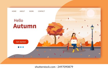 autumn city park with bench. Woman with laptop sitting on bench in autumn. Freelance, remote work concept. Website Landing Page template. Vector illustration in flat style.