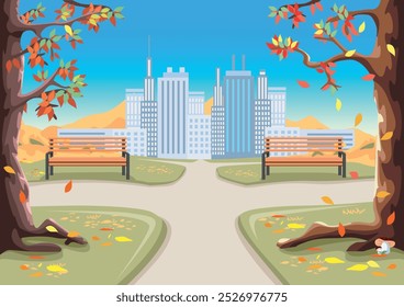 Autumn city park with benches, paths, yellowed trees and fallen leaves against the backdrop of a big city with skyscrapers. Vector illustration of beautiful winter nature.