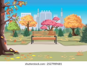 Autumn city park with benches, paths, yellowed trees and fallen leaves against the backdrop of a big city with skyscrapers. Vector illustration of beautiful winter nature.