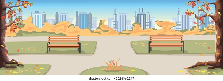 Autumn city park with benches, paths, yellowed trees and fallen leaves against the backdrop of a big city with skyscrapers. Vector illustration of beautiful winter nature.