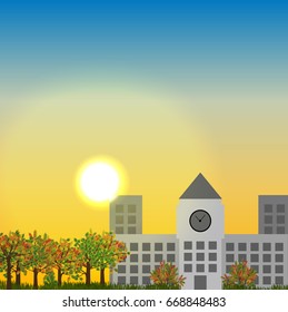 Autumn city park and building with a tower and clock in the rays of the setting sun. Sunset. Urban vector landscape can be used in newsletter, brochures, postcards, banner.