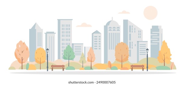 Parque de la ciudad de otoño. Edificios, naranjos y bancos. Temporada de otoño con sol, nubes y rascacielos. Ilustración de fondo plano de Vector Sityscape.