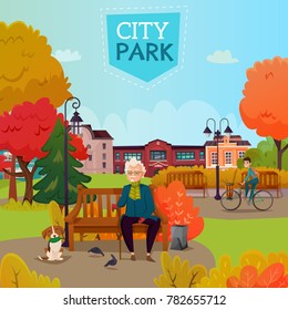 Autumn city park cartoon vector Illustration of elderly man with cane sitting on bench and dog watching pigeons