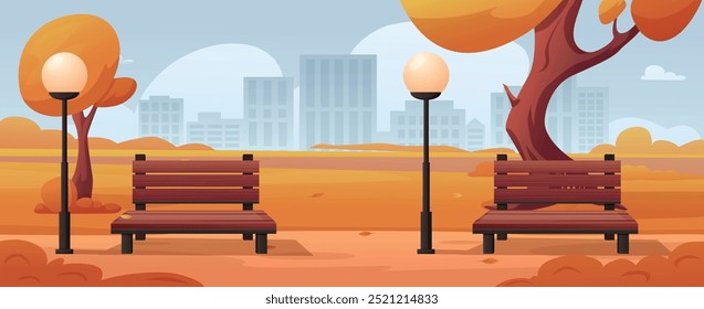 Parque de la ciudad del otoño. Jardín público vacío con faroles y bancos. Otoño, hojas de naranja cayendo. Zona Urbana para descansar, hoy en día paisaje de Vector