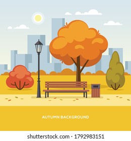Autumn city park flat colorful illustration with high town buildings on a background.