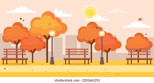 Autumn city park flat illustration. Fall street outdoor panoramic view. Colorful cityscape horizontal banner or background.