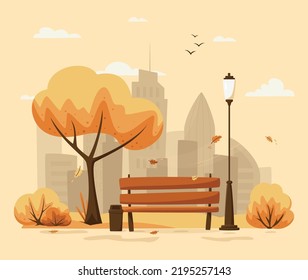 Autumn city park with foliage and city silhouette. Bench in fall city park, autumn holidays concept in flat cartoon style. City park landscape banner. Urban outdoor. Vector illustration