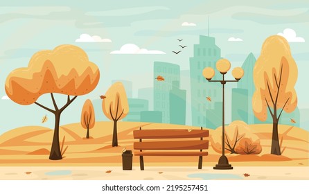 Autumn city park with foliage and city silhouette. Bench in fall city park, autumn holidays concept in flat cartoon style. City park landscape banner. Urban outdoor. Vector illustration.