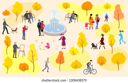 Autumn city park with fountain and walking people. Family holiday, mom and children outdoors, dog walking, running, bicycle riding, painting picture. Vector illustration in flat style.