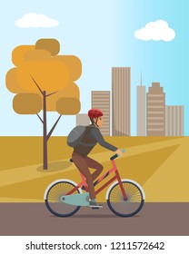 Autumn city park and guy in helmet riding bicycle. Man with backpack on bike, fall leaves and dry grass, skyscrapers at horizon vector illustration.