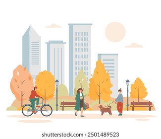 Parque de la ciudad del otoño con la gente feliz. Hombres y mujeres caminando por la calle. Temporada de otoño en la ciudad. Ilustración de fondo de Anuncio plano de Vector.