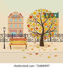 Autumn city park. Maple with falling leaves. Vector illustration.
