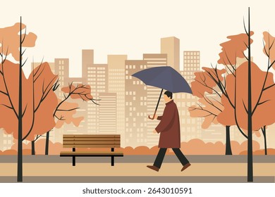 Parque da cidade de outono em uma metrópole, ilustração vetorial. Um homem com um guarda-chuva caminha por um belo parque da cidade em tempo nublado. Parque de outono com laranjeiras, banco, edifícios, arbustos.