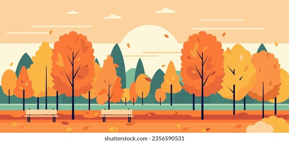 Autumn city park with orange trees and benches. Fall season with sun, clouds and bright leaves falling from trees. Landscape Vector flat banner or background illustration.