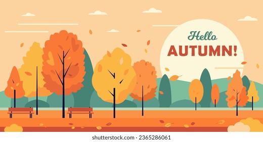 Autumn city park with orange trees and benches. Fall season with sun, clouds and bright leaves falling from trees. Landscape Vector flat banner or background illustration.