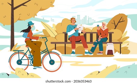 Autumn city park with people. Landscape with flat characters using mobile phone, tablet and happy woman riding a bicycle. Girl cycling, students sitting on bench with gadgets. Urban recreation concept