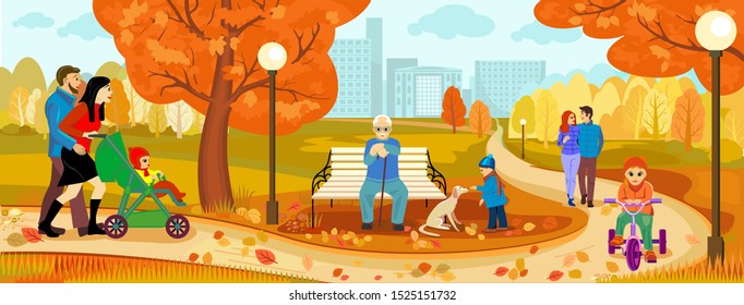 Autumn. City Park. People Walk In The Park. Autumn Nature. Family With A Pram For A Walk. Loving Couple. An Elderly Man Resting On A Bench.  Grandfather And Grandson In The Park A Child Plays With A D