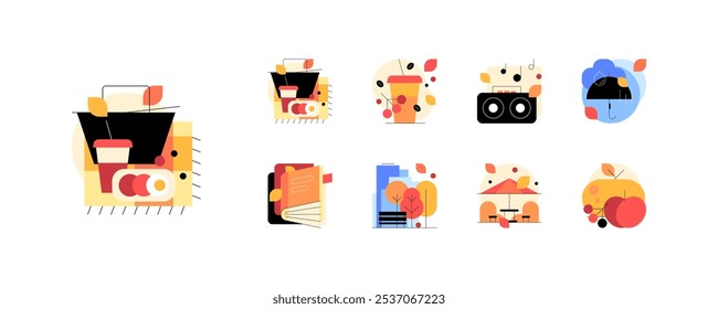 Autumn in a city park. Set of doodles. Flat graphics. Vector file.