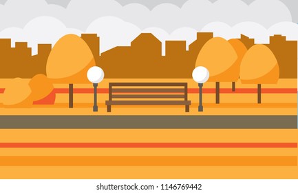 Autumn city park with a shop and lanterns. City square with houses in the background. Vector illustration.