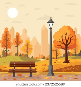 Autumn city park with town building background. Autumn panoramic landscape colorful vector background. Vector illustration