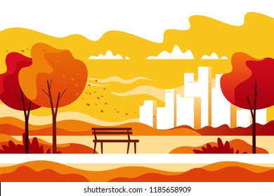 Autumn city park with town buildings on a background. Vector illustration.