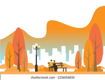 Autumn city park with town buildings on a background. Vector illustration.