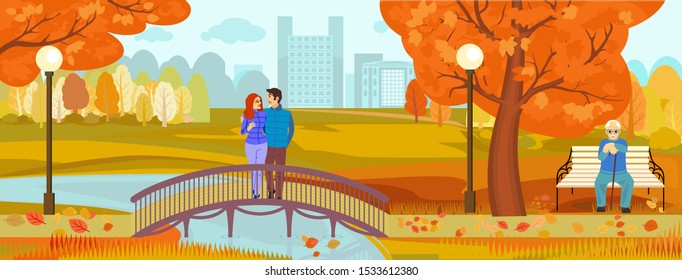 Autumn in the city. Park with trees and a bridge. Season. Warm autumn. A couple in love stands on a bridge across a small river. vector illustration
