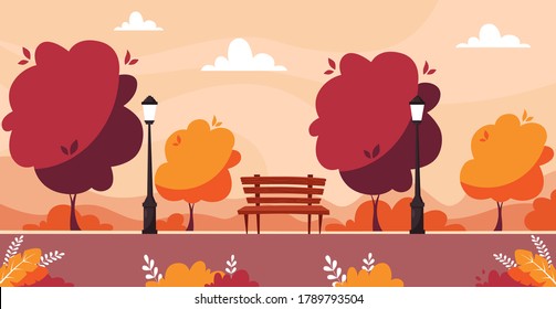 Autumn city park with trees, bushes, bench, street light. Vector illustration