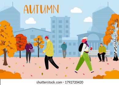 Autumn city park walk. People wear warm clothes, walking woman man. Seasonal trees and falling leaves vector illustration