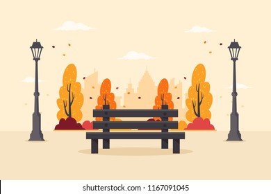 Autumn City Park with Wooden Bench, Colorful Trees and City Buildings in the  Background. Flat Design Style.