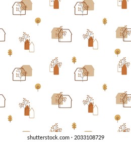 Autumn city pattern. Fall city landscape. Autumn houses, fall trees seamless background. House shape, country village, nature, park, outside scene. Fall paper, print. Hand drawn vector illustration.