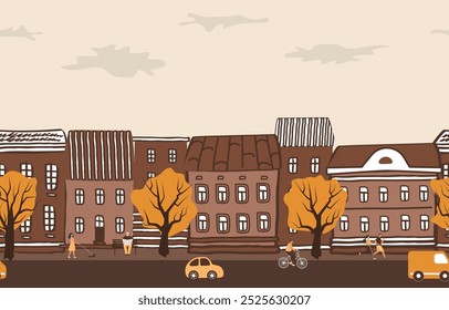 Autumn in the City. Seamless Border. Cityscape. Autumn Town. Fall Landscape. Autumn Street. Brown Houses, Yellow Trees, People, Cars. City Life. Hand Drawing Vector Illustration.