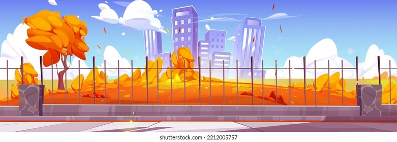 Autumn city skyline, urban background with skyscrapers, orange trees and tiled pathway along metal fence. Fall cityscape, downtown district with residential buildings, Cartoon vector illustration