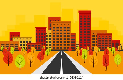 Autumn city skyline vector illustration.