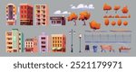 Autumn city street constructor set isolated on background. Vector cartoon illustration of hotel, restaurant, cafe, bookstore, barbershop, pub buildings, apartment house, yellow park trees and bushes