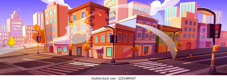 Autumn city street corner with buildings, crosswalk, empty road and traffic lights. Vector illustration of cartoon houses, shops and cafes, trees with yellow foliage under blue sky with fluffy clouds