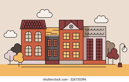 Autumn City. Street Houses, Trees, Lantern, Clouds vector illustration. Urban background.