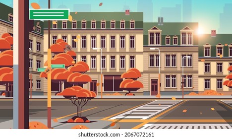 autumn city street with modern houses exterior urban buildings facade horizontal